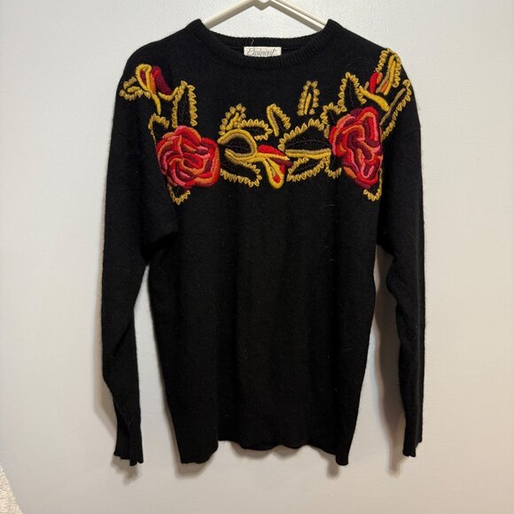 Eminent Womens Black Sweater With Red Yellow Floral Embroidery Wool Blend Medium - Picture 2 of 6